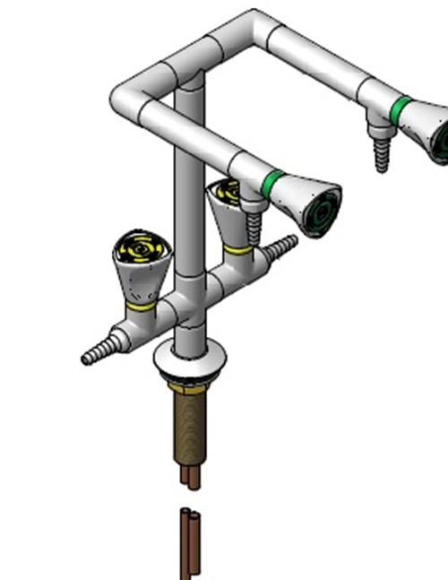 Laborcsap egyoszlopos dupla 180°-os vízcsappal + két 180°-os gázcsappal.